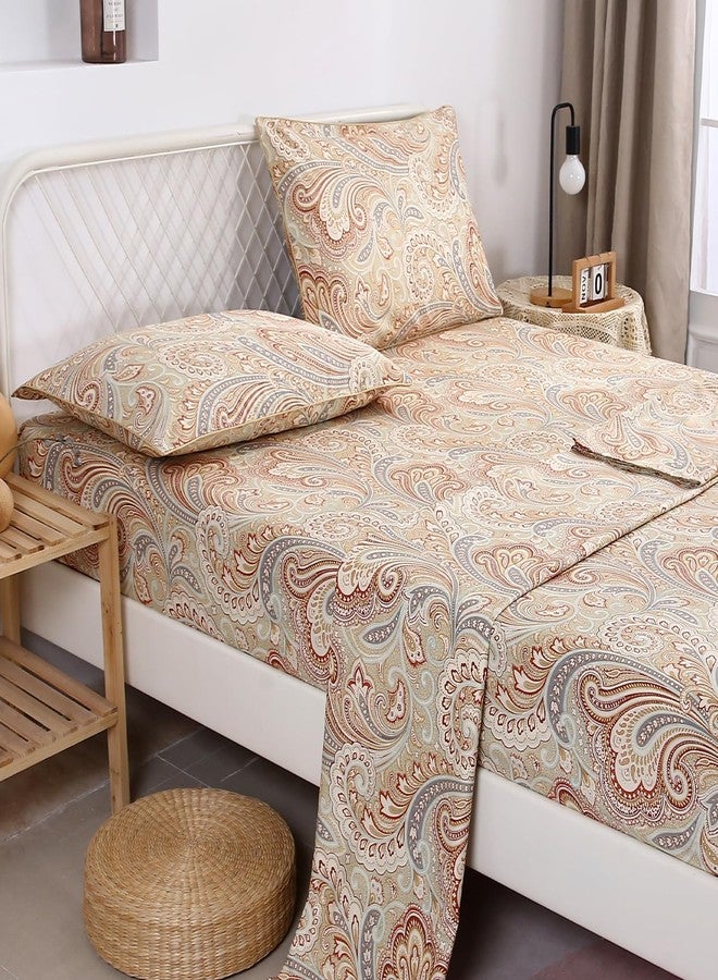 URBONUR Cotton Sheets Set Queen Size 4Pcs Sateen Weave Cooling Bedsheets - Vintage Boho Paisley Sheet Sets Deep Pocket - Easy Fit (Khaki, Queen) - Image 2