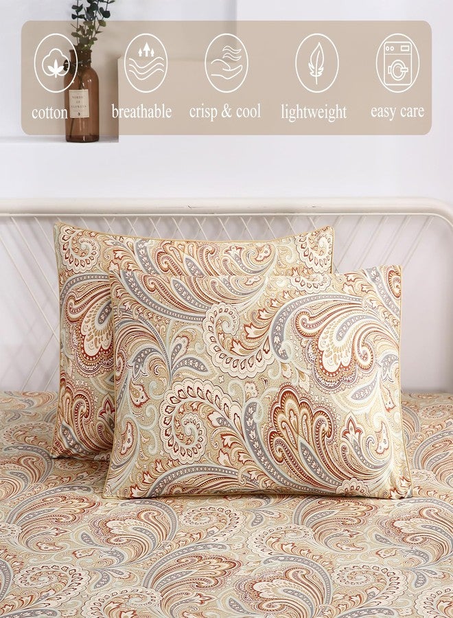 URBONUR Cotton Sheets Set Queen Size 4Pcs Sateen Weave Cooling Bedsheets - Vintage Boho Paisley Sheet Sets Deep Pocket - Easy Fit (Khaki, Queen) - Image 5