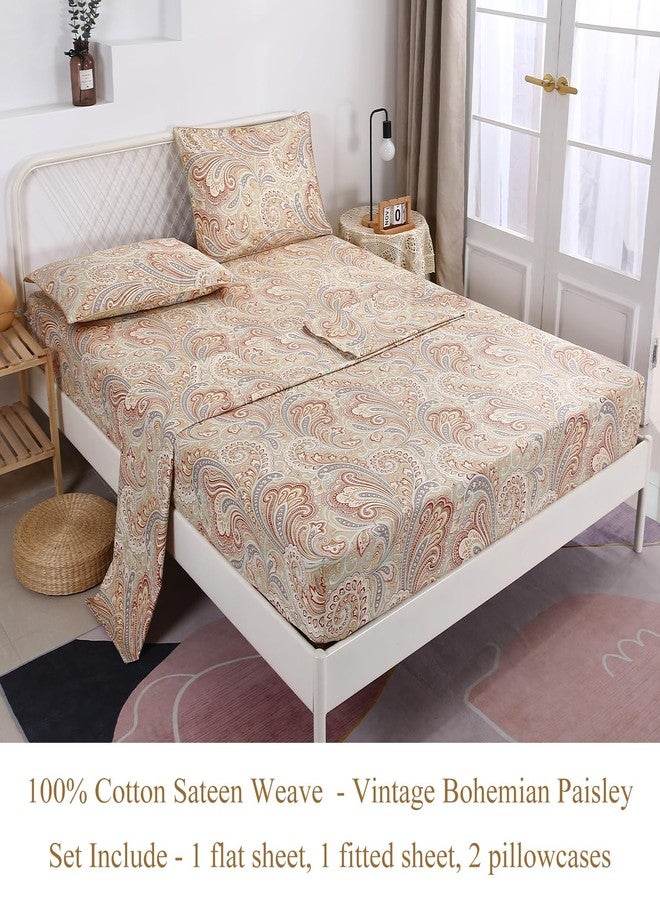 URBONUR Cotton Sheets Set Queen Size 4Pcs Sateen Weave Cooling Bedsheets - Vintage Boho Paisley Sheet Sets Deep Pocket - Easy Fit (Khaki, Queen) - Image 3