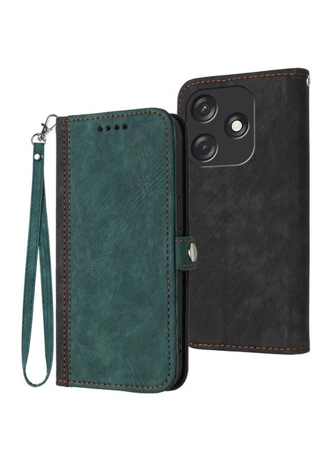 For Tecno Spark 10C Side Buckle Double Fold Hand Strap Leather Phone Case(Dark Green)