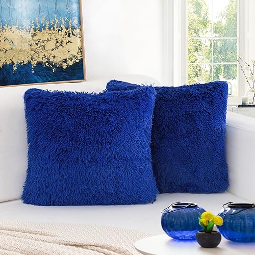BBiggood Royal Blue Throw Pillows  Pack of 2 Luxury Soft Faux Fur Decorative Pillows 18 x 18 Inch