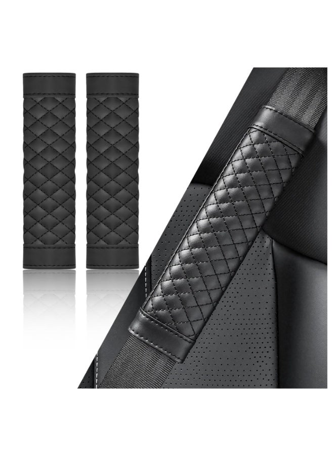 2PCS Black Soft Leather Car Seat Belt Cover Pads, Plaid Design Breathable Cushion, Universal for Kids & Adults - Image 1