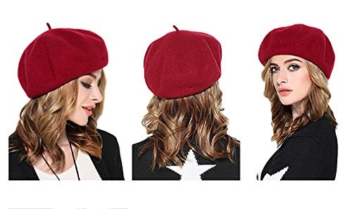 AIYUE Women Men Warm Beanie Hat Solid Color Wool French Beret Artist Painter Fancy Dress Costumes Red Red 10.6 in - Image 5