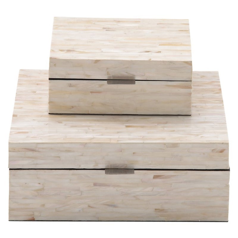 Deco 79 Mother of Pearl Shell Handmade Decorative Box Decorative Keepsake Boxes with Linear Mosaic Pattern and Hinged Lid Set of 2 Storage Boxes 12 8W White