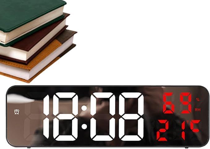 DIGITAL WALL CLOCK FOR BEDROOM, LED DIGITAL CLOCK FOR WALL WITH 12/24H, AUTO-DIMMING, TEMPERATURE & HUMIDITY, MIRROR DIGITAL CLOCK FOR LIVING ROOM, BEDROOM, FARMHOUSE, KITCHEN, OFFICE