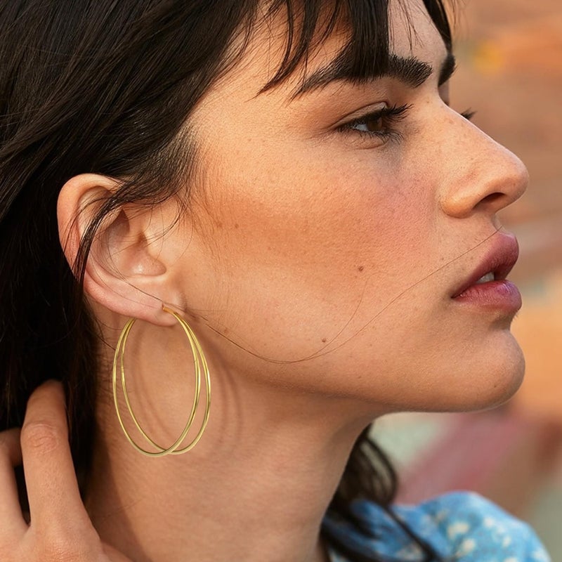 OOOPEL Large Thin Gold Double Hoop Earrings for Women Lightweight Hypoallergenic S925 Post Large Hoop Earrings 14K Golden Non Tarnish Layered Big Thin Gold Hoops - Image 5