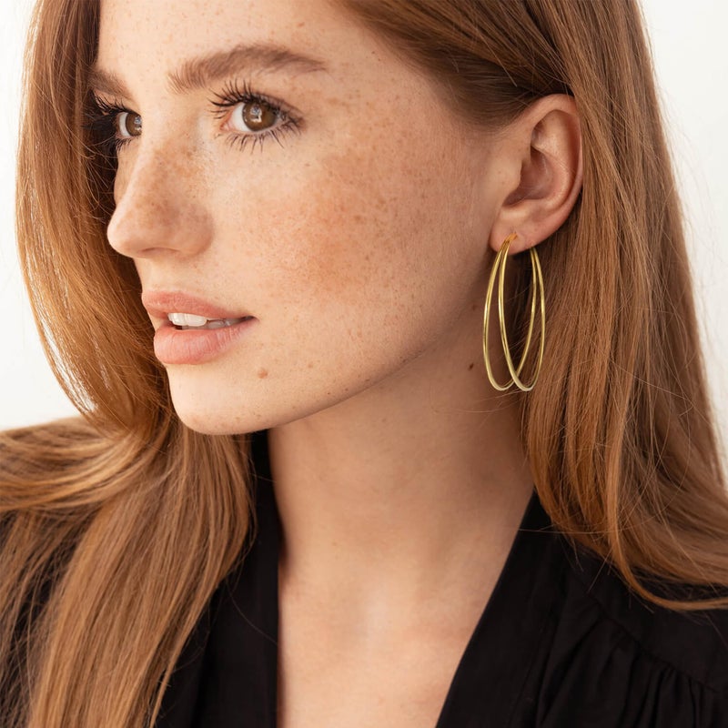 OOOPEL Large Thin Gold Double Hoop Earrings for Women Lightweight Hypoallergenic S925 Post Large Hoop Earrings 14K Golden Non Tarnish Layered Big Thin Gold Hoops - Image 2