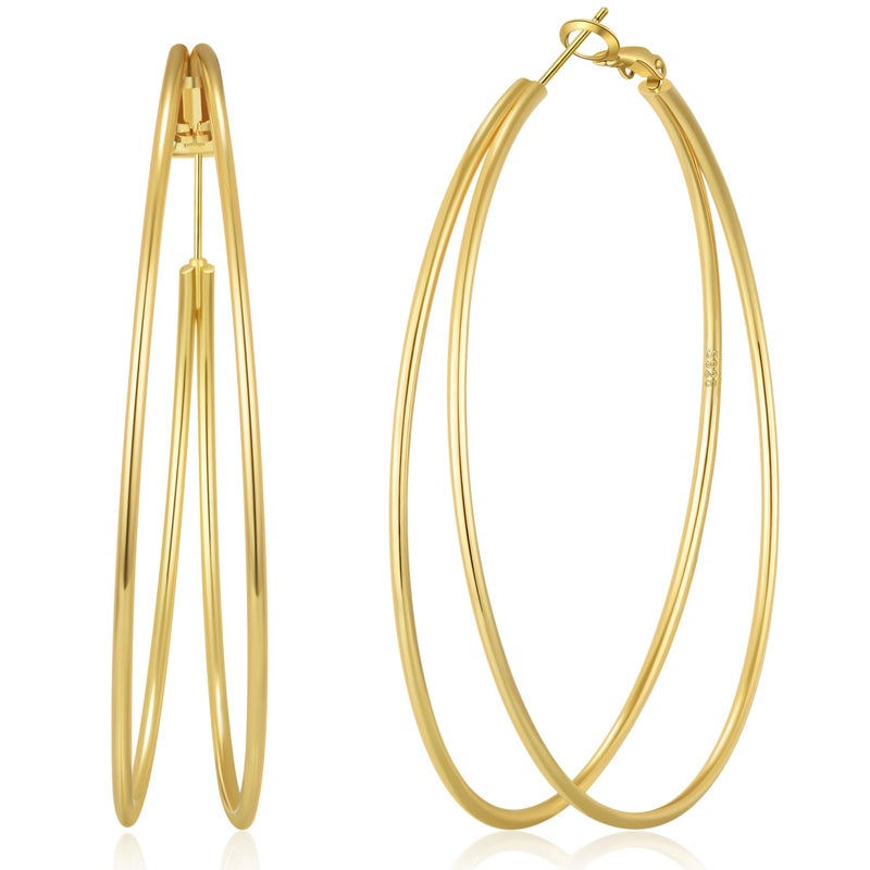 OOOPEL Large Thin Gold Double Hoop Earrings for Women Lightweight Hypoallergenic S925 Post Large Hoop Earrings 14K Golden Non Tarnish Layered Big Thin Gold Hoops - Image 1