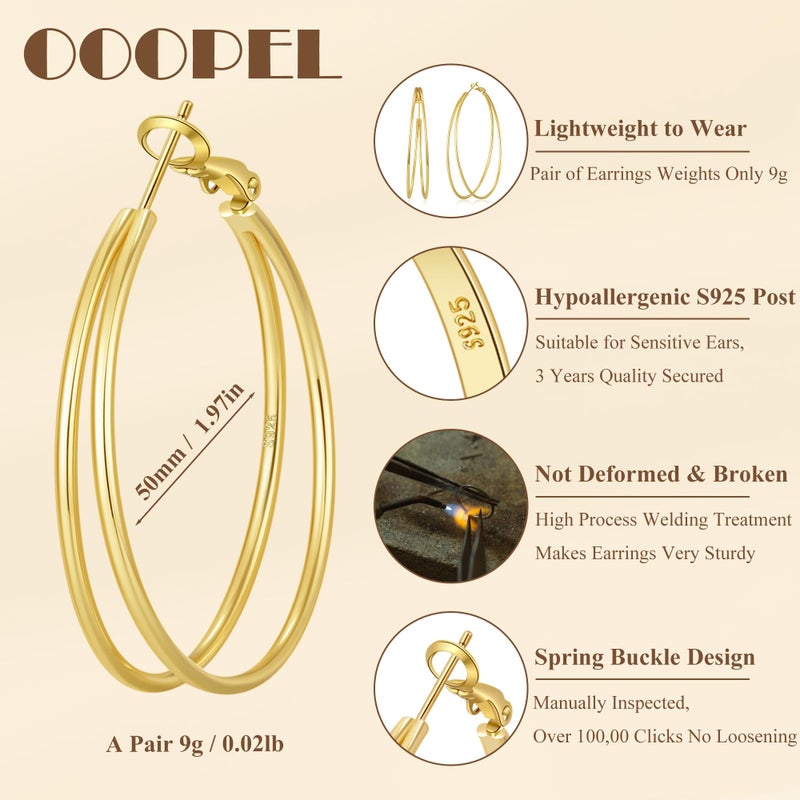 OOOPEL Large Thin Gold Double Hoop Earrings for Women Lightweight Hypoallergenic S925 Post Large Hoop Earrings 14K Golden Non Tarnish Layered Big Thin Gold Hoops - Image 3