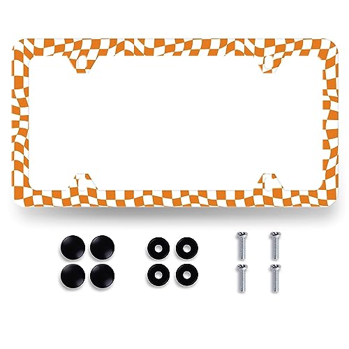 MUAWUOIK Orange White Checkerboard License Plate Frame Colorful Checkered Mosaic Elements License Plate Personalise Stainless Steel Auto Parts Funny License Plate Decoration Screws 123x 63 - Image 1