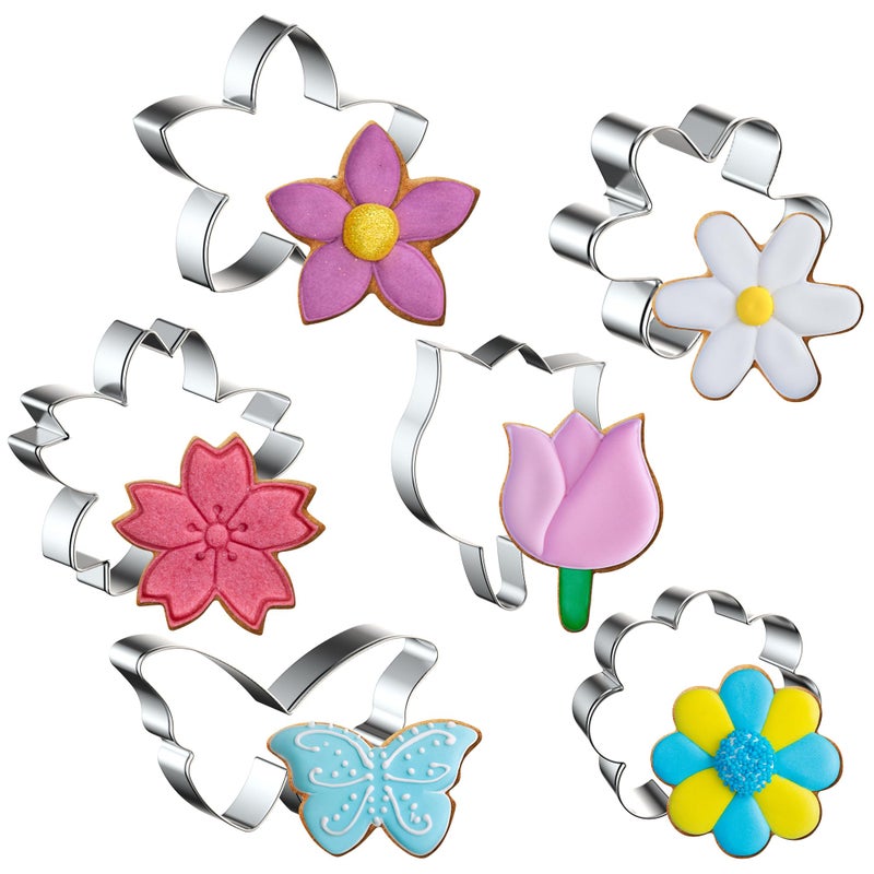 FUSOTO 6PCS Flower Cookie Cutter Set, 3 Inches Flower Shaped Cookie Cutter-Daisy, Tulip, 3 Shaped of Flowers, Butterfly, Stainless Steel Cookie Cutters, Baking Tool for Homemaking Cookie - Image 1