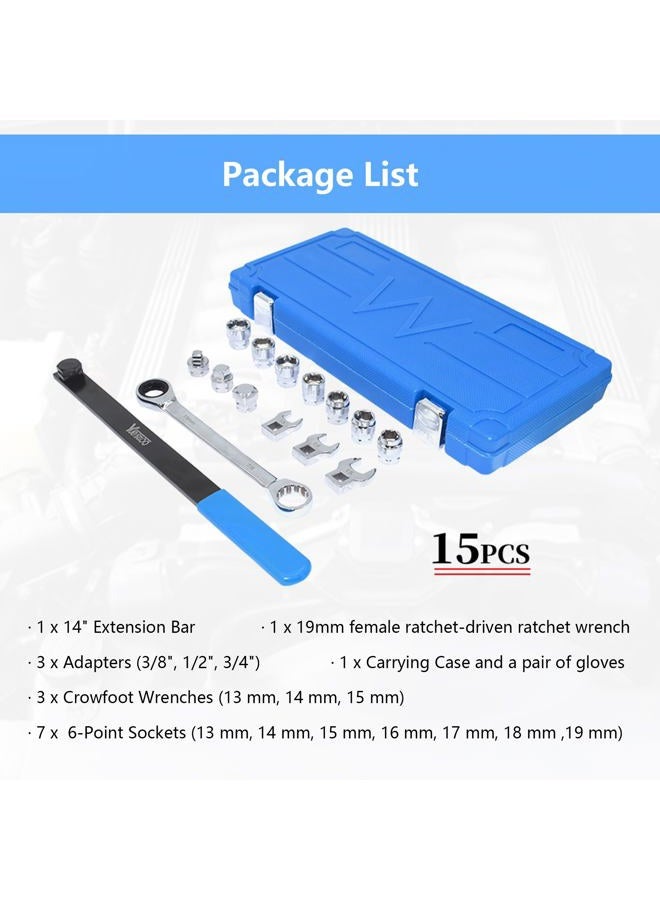 Yuesstloo 15pcs Universal Ratcheting Serpentine Belt Tool Set, Serpentine Belt Removal Installation Tensioner Kit with Ratcheting Wrench, Crowfoot Wrenches, Socket Adapters, 6-Point Sockets - Image 2