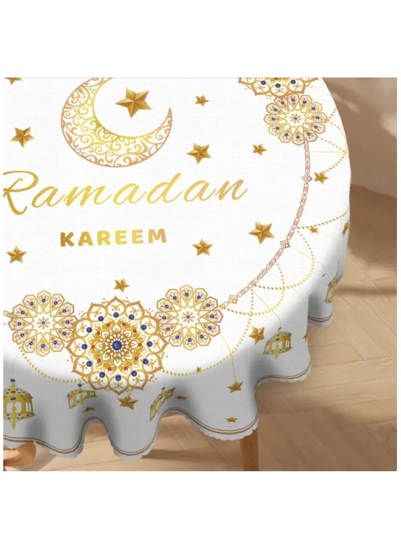 LDQ 1 PC Ramadan Kareem Tablecloth, Polyester Round Table Cover, With Moon, Stars, Lantern Print, Ramadan Mubarak and Eid AL- Fitr Decor, Perfect Gift For Eid Party And Home Decoration  - Image 2