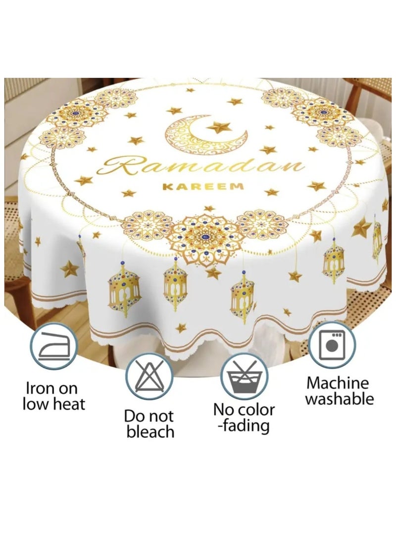 LDQ 1 PC Ramadan Kareem Tablecloth, Polyester Round Table Cover, With Moon, Stars, Lantern Print, Ramadan Mubarak and Eid AL- Fitr Decor, Perfect Gift For Eid Party And Home Decoration  - Image 3