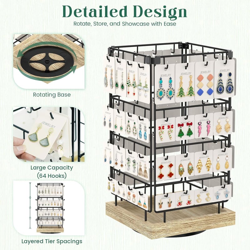 EsLuker.ly Rotating Earring Display Holder Stand for Vendors Events Selling, Large Capacity 64 Hooks Jewelry Rack with Wooden Base for Earring Card Sales, Enhances Retail Display Visibility - Image 2