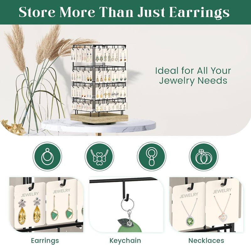 EsLuker.ly Rotating Earring Display Holder Stand for Vendors Events Selling, Large Capacity 64 Hooks Jewelry Rack with Wooden Base for Earring Card Sales, Enhances Retail Display Visibility - Image 3