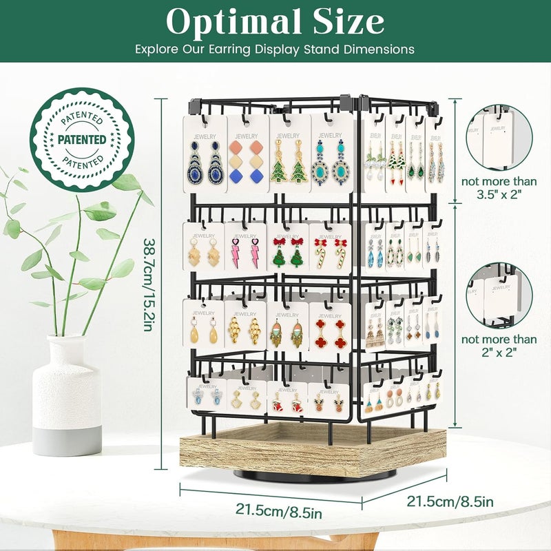 EsLuker.ly Rotating Earring Display Holder Stand for Vendors Events Selling, Large Capacity 64 Hooks Jewelry Rack with Wooden Base for Earring Card Sales, Enhances Retail Display Visibility - Image 5