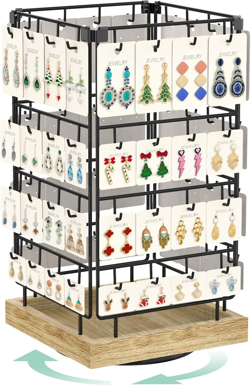 EsLuker.ly Rotating Earring Display Holder Stand for Vendors Events Selling, Large Capacity 64 Hooks Jewelry Rack with Wooden Base for Earring Card Sales, Enhances Retail Display Visibility - Image 1