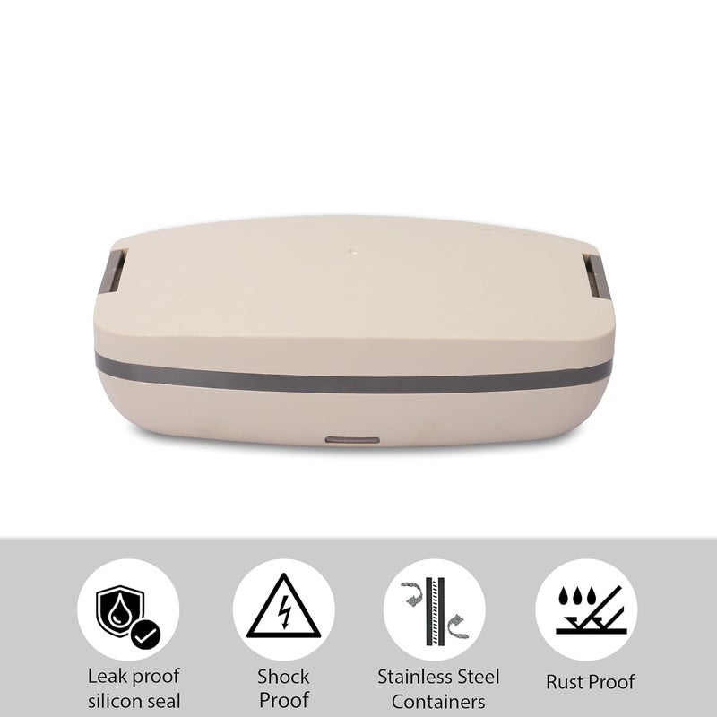 JAYPEE PLUS صندوق غداء كهربائي مع 2 حاويات ستانلس ستيل قابلة للإزالة 250 مل x2 مع سلك طاقة | فتحة تهوية على الغطاء | ختم سيليكون مضاد للتسرب | مؤشر LED | مضاد للصدمات | بيج - Image 3