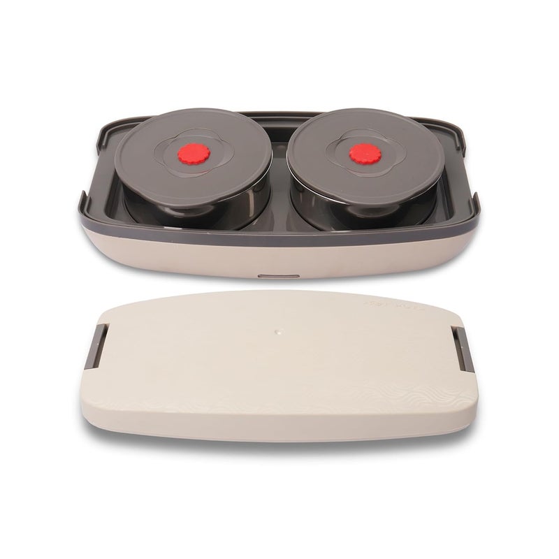 JAYPEE PLUS صندوق غداء كهربائي مع 2 حاويات ستانلس ستيل قابلة للإزالة 250 مل x2 مع سلك طاقة | فتحة تهوية على الغطاء | ختم سيليكون مضاد للتسرب | مؤشر LED | مضاد للصدمات | بيج - Image 1