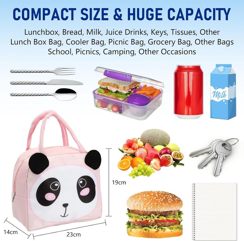 Flywind Kids Lunch Bag for Girls Boys Students | Small Foldable Waterproof Lunch Box for Travel Picnic School | Reusable Cartoon Insulated Lunchbag (Light Pink Panda) - Image 2