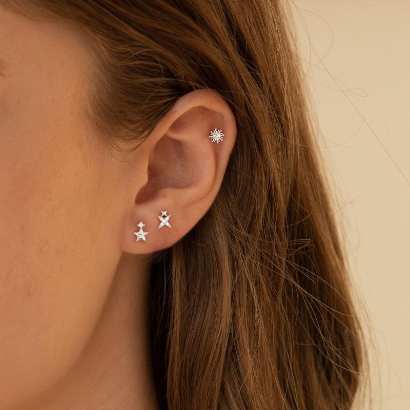VRIUA Hypoallergenic Flat Back Earrings for Women - Small Silver Stars Sun Starburst Flat Back Stud Earrings Cartilage Helix Piercing Jewelry - Image 2