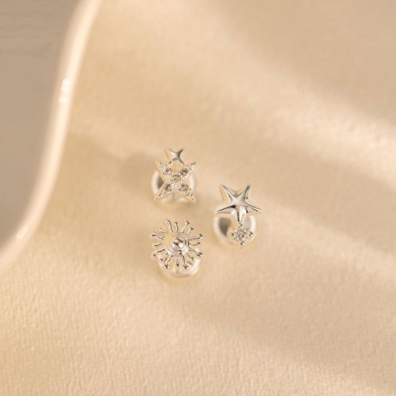 VRIUA Hypoallergenic Flat Back Earrings for Women - Small Silver Stars Sun Starburst Flat Back Stud Earrings Cartilage Helix Piercing Jewelry - Image 5
