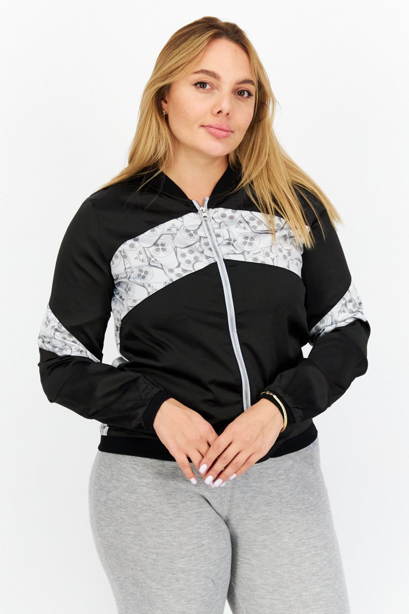 PlayStation Women Band Collar Color Blocked Jacket Shirts, Black - Image 1