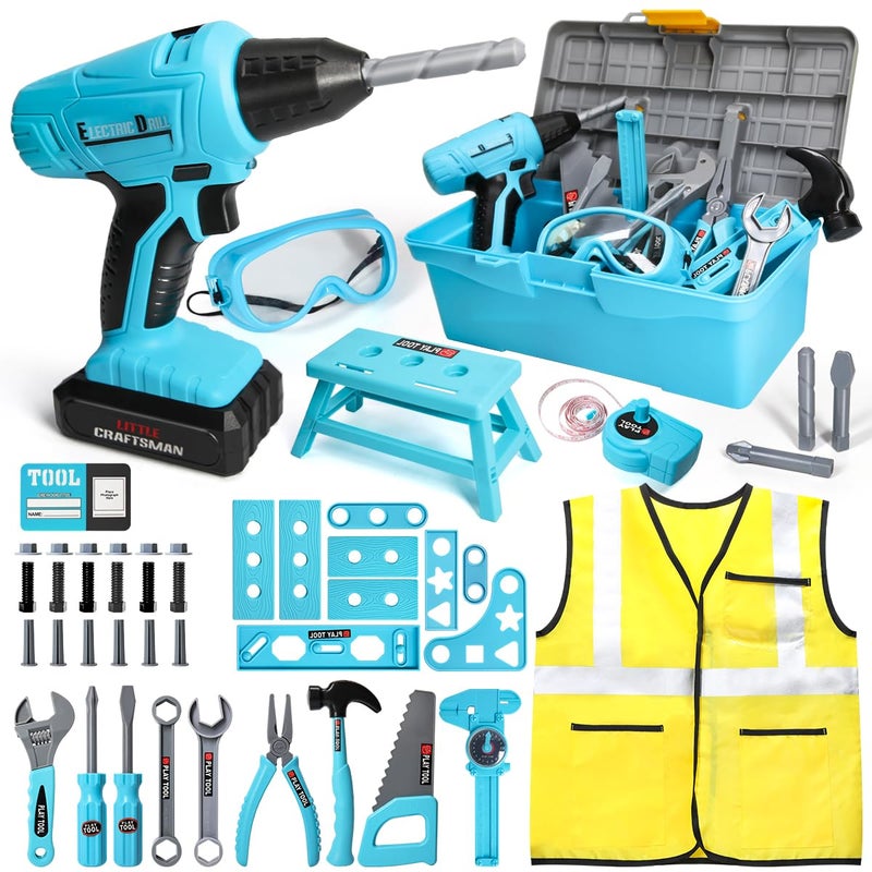 LOYO Kids Tool Set 50 PCS Pretend Play Toy Box with Construction Vest and Electronic Drill Set for Toddlers Boys Ages 37 Years Old Christmas Birthday Gift Blue - Image 2