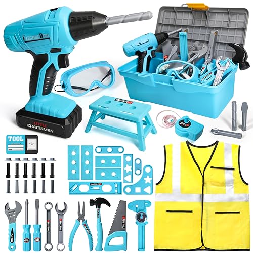 LOYO Kids Tool Set 50 PCS Pretend Play Toy Box with Construction Vest and Electronic Drill Set for Toddlers Boys Ages 37 Years Old Christmas Birthday Gift Blue - Image 1