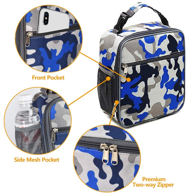 IWTTWY Insulated Lunch Bag, Leakproof Portable Box for Women Men Boys Girls, Large Capacity Cooler Bag with Handle and Bottle Pocket for Office School Camping Hiking Outdoor Beach Picnic (Camo Blue) - Image 5
