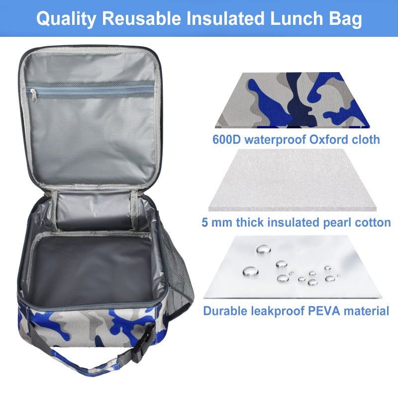 IWTTWY Insulated Lunch Bag, Leakproof Portable Box for Women Men Boys Girls, Large Capacity Cooler Bag with Handle and Bottle Pocket for Office School Camping Hiking Outdoor Beach Picnic (Camo Blue) - Image 3