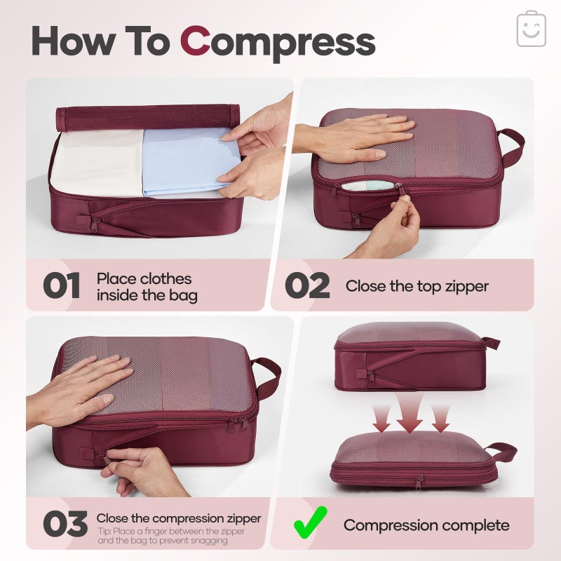 Veken 9/11 Set Compression Packing Cubes for Travel Essentials,Compressible Expandable Large Luggage Suitcase Organizer Bags for Clothing,Durable Space Saver Storage Bags with Toiletry Bags(Wine Red) - Image 3