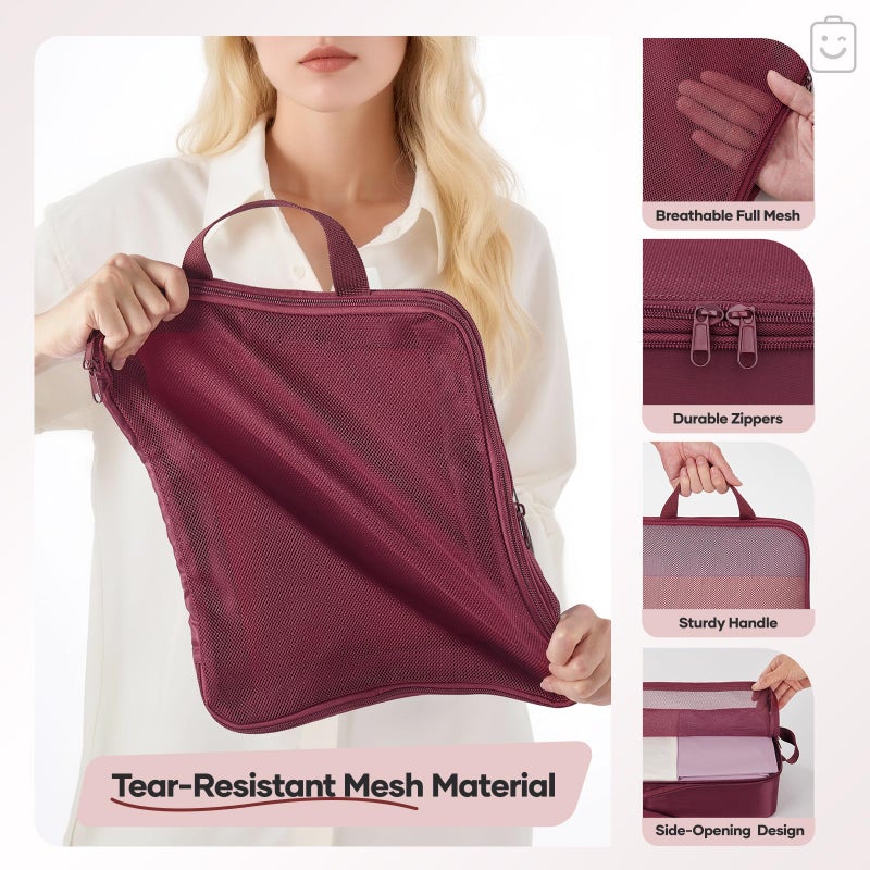 Veken 9/11 Set Compression Packing Cubes for Travel Essentials,Compressible Expandable Large Luggage Suitcase Organizer Bags for Clothing,Durable Space Saver Storage Bags with Toiletry Bags(Wine Red) - Image 5