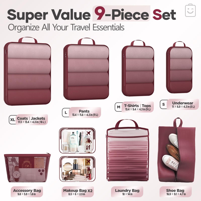 Veken 9/11 Set Compression Packing Cubes for Travel Essentials,Compressible Expandable Large Luggage Suitcase Organizer Bags for Clothing,Durable Space Saver Storage Bags with Toiletry Bags(Wine Red) - Image 2