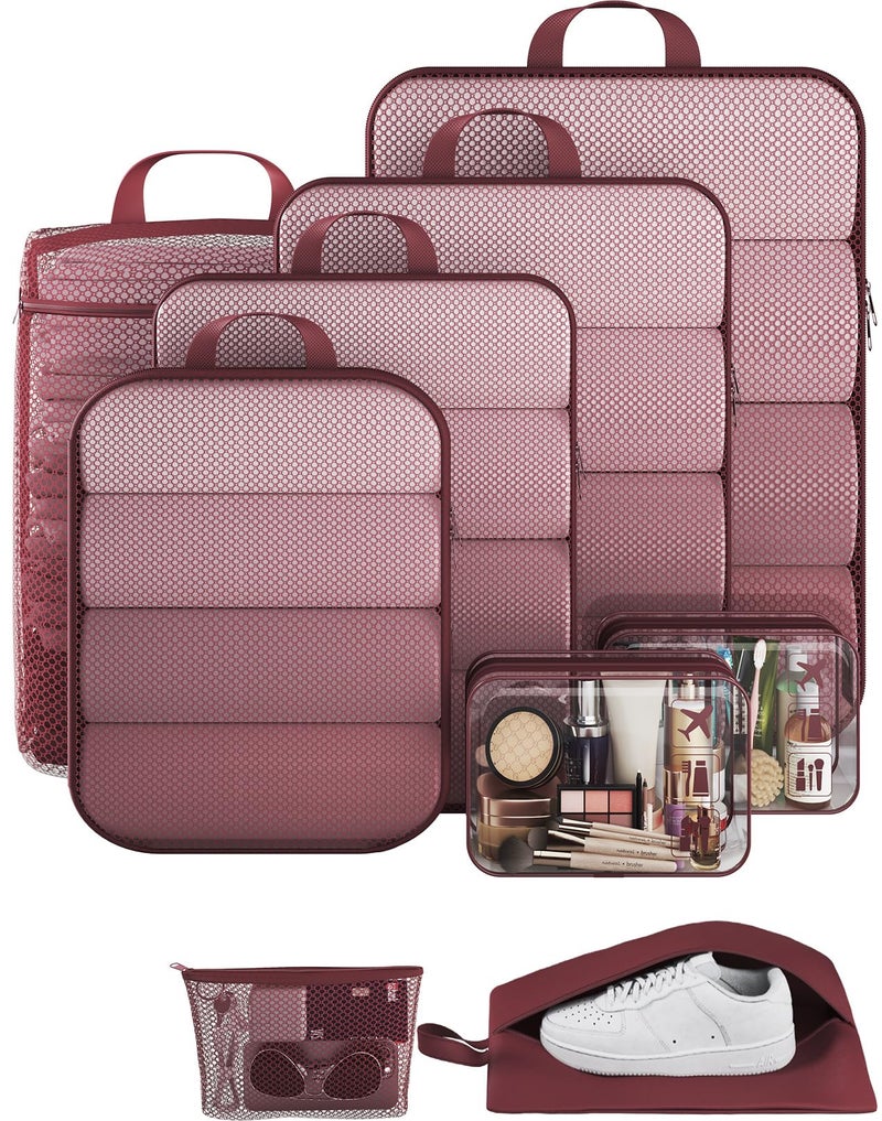 Veken 9/11 Set Compression Packing Cubes for Travel Essentials,Compressible Expandable Large Luggage Suitcase Organizer Bags for Clothing,Durable Space Saver Storage Bags with Toiletry Bags(Wine Red) - Image 1