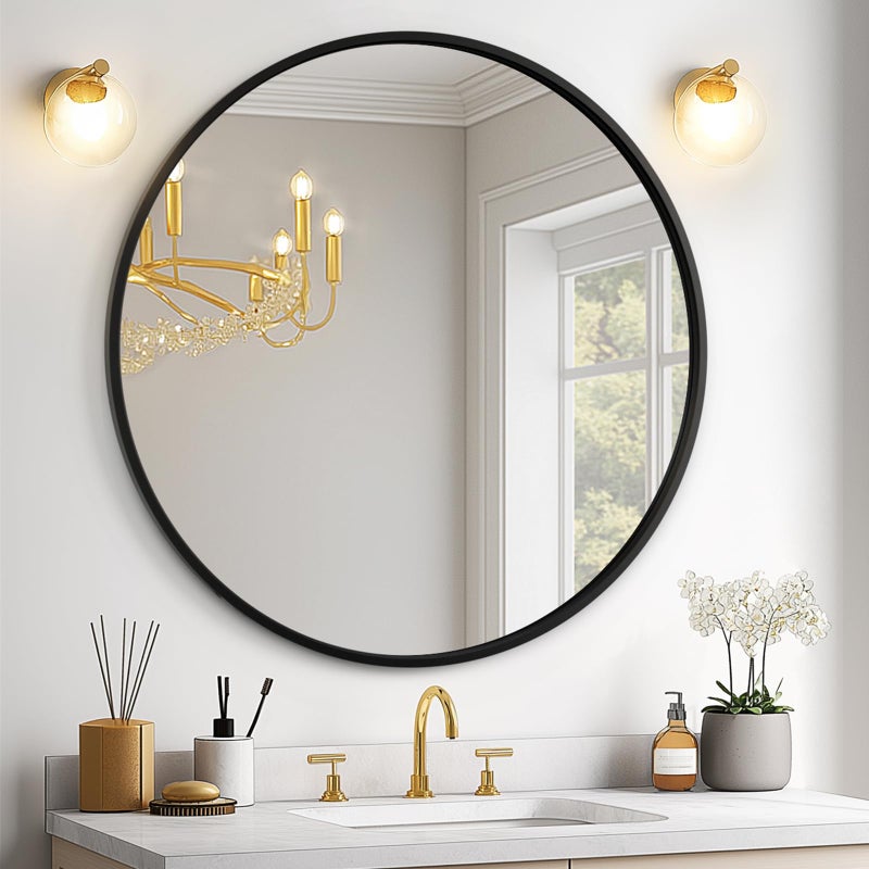 USHOWER Black Round Mirror for Over Sink 24-inch, Circle Bathroom Mirror, Metal Frame Vanity Mirror, Modern Wall Mirror for Entryway Living Room - Image 1