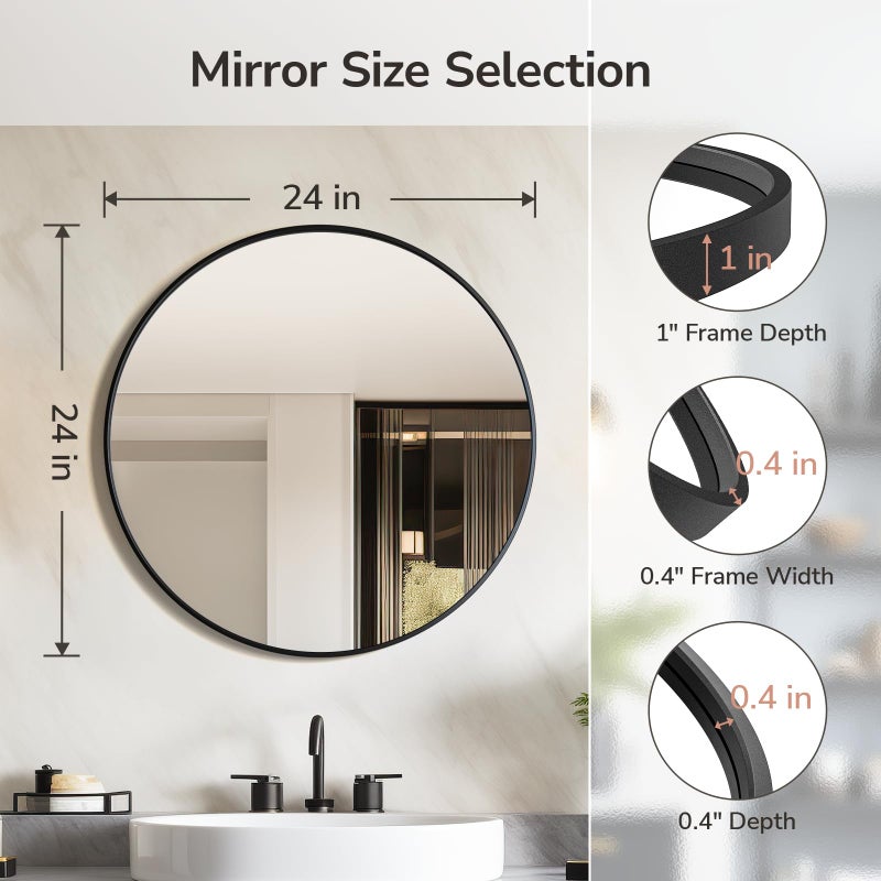 USHOWER Black Round Mirror for Over Sink 24-inch, Circle Bathroom Mirror, Metal Frame Vanity Mirror, Modern Wall Mirror for Entryway Living Room - Image 4