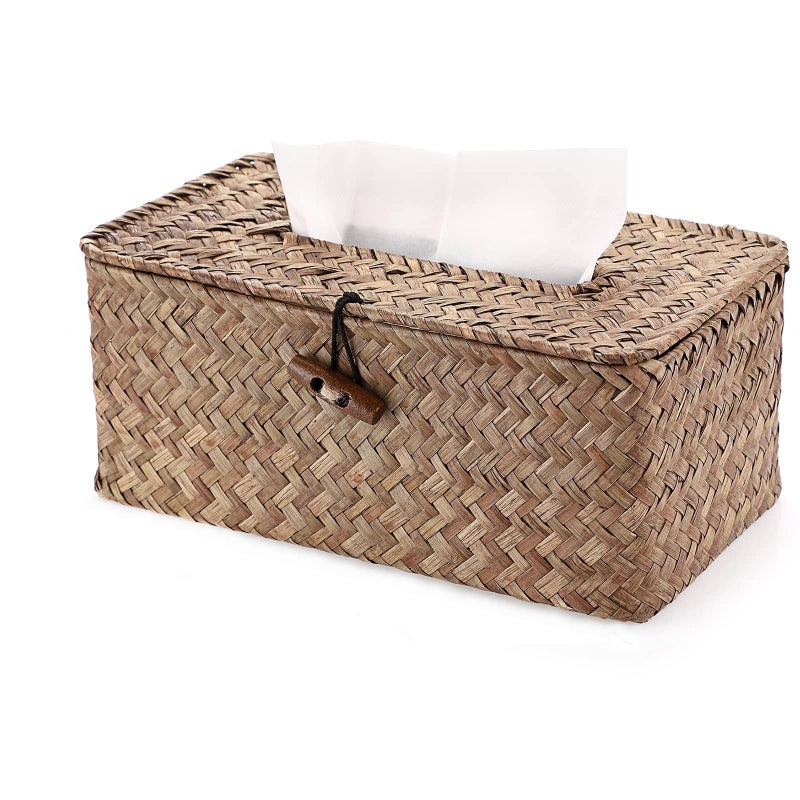 Shonmogar Tissue Box Cover Rectangle Seagrass Tissue Box  Woven Tissue Box Holder With Lid  Wicker Tissue Holder For Bathroom Toilet Living Room Bedroom Table Desk Home Office Car  Coffee - Image 1