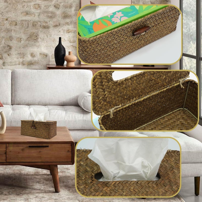 Shonmogar Tissue Box Cover Rectangle Seagrass Tissue Box  Woven Tissue Box Holder With Lid  Wicker Tissue Holder For Bathroom Toilet Living Room Bedroom Table Desk Home Office Car  Coffee - Image 5