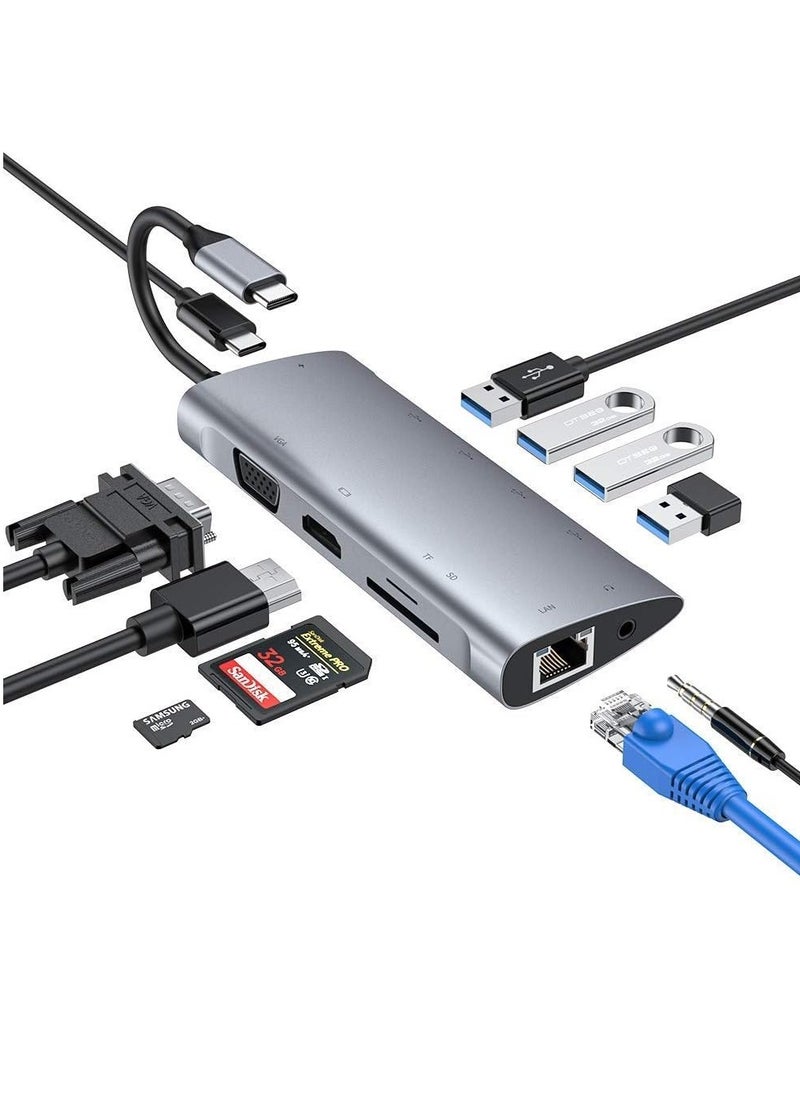 Generic - USB C Hub Docking Station: 11 in 1 C Adapter with 4K HDMI, VGA, 3.0 Type PD Port, RJ45 Ethernet, SD-TF Card Reader, 3.5mm AUX Input Silver - Image 1