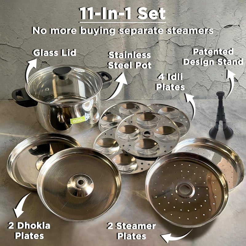 Allo Stainless Steel Idli/Momo/Dhokla Maker Multi Purpose Kadai Set Large 8 Plate, 4 Idli, 2 Dhokla 2 Steamer With Glass Lid And Stackable Stand 3-Layer,Thick Bottom Induction Friendly, 26Cm, 4 Litres - Image 3