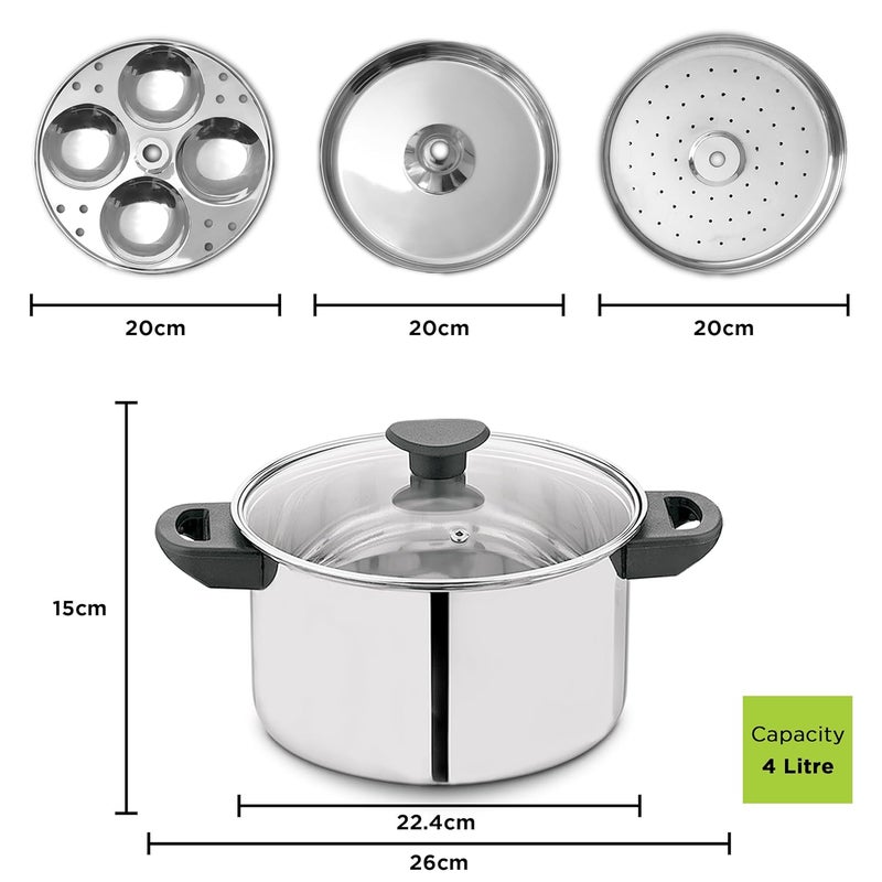 Allo Stainless Steel Idli/Momo/Dhokla Maker Multi Purpose Kadai Set Large 8 Plate, 4 Idli, 2 Dhokla 2 Steamer With Glass Lid And Stackable Stand 3-Layer,Thick Bottom Induction Friendly, 26Cm, 4 Litres - Image 2