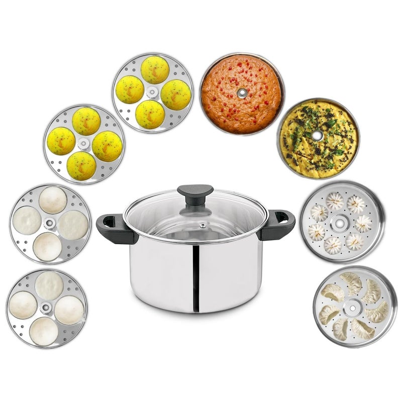 Allo Stainless Steel Idli/Momo/Dhokla Maker Multi Purpose Kadai Set Large 8 Plate, 4 Idli, 2 Dhokla 2 Steamer With Glass Lid And Stackable Stand 3-Layer,Thick Bottom Induction Friendly, 26Cm, 4 Litres - Image 1