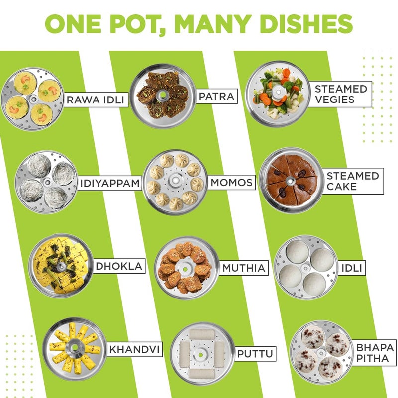 Allo Stainless Steel Idli/Momo/Dhokla Maker Multi Purpose Kadai Set Large 8 Plate, 4 Idli, 2 Dhokla 2 Steamer With Glass Lid And Stackable Stand 3-Layer,Thick Bottom Induction Friendly, 26Cm, 4 Litres - Image 4