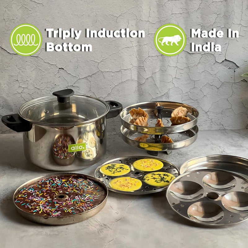 Allo Stainless Steel Idli/Momo/Dhokla Maker Multi Purpose Kadai Set Large 8 Plate, 4 Idli, 2 Dhokla 2 Steamer With Glass Lid And Stackable Stand 3-Layer,Thick Bottom Induction Friendly, 26Cm, 4 Litres - Image 5