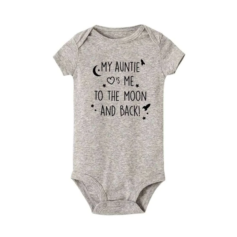 Matching Family Outfits My Auntie Loves Me to the Moon and Back Baby Romper – Cute Aunt Love Quote Infant Bodysuit, Soft Cotton Short Sleeve Newborn Outfit, Unisex Baby Boy Girl Jumpsuit, Sweet Family Gift (GREY)