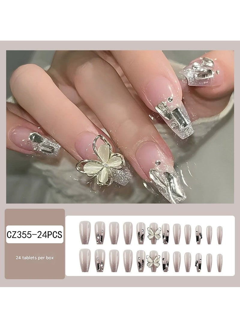 Goolsky Luxury Long Press On Nails Sparkling Silver Rhinestone Cat Eye Big Butterfly Nail Tips  - Image 1