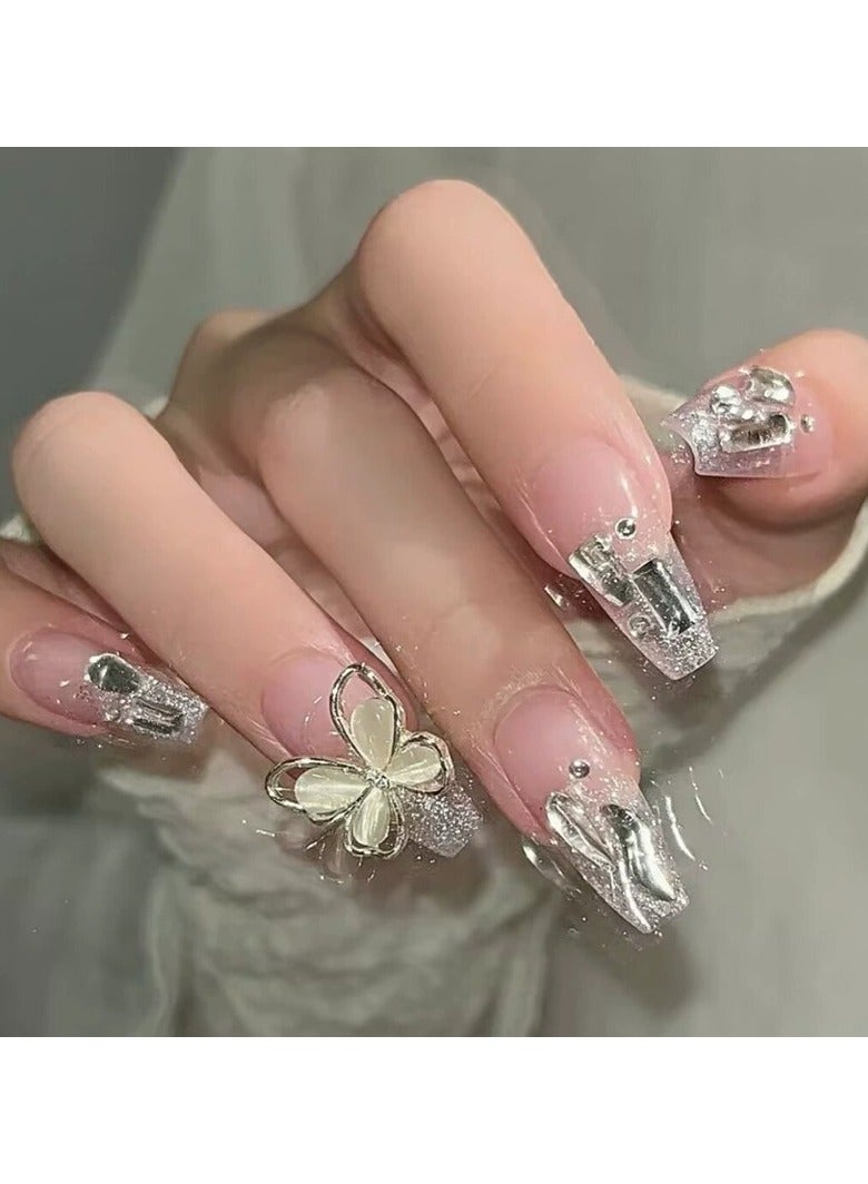 Goolsky Luxury Long Press On Nails Sparkling Silver Rhinestone Cat Eye Big Butterfly Nail Tips  - Image 3