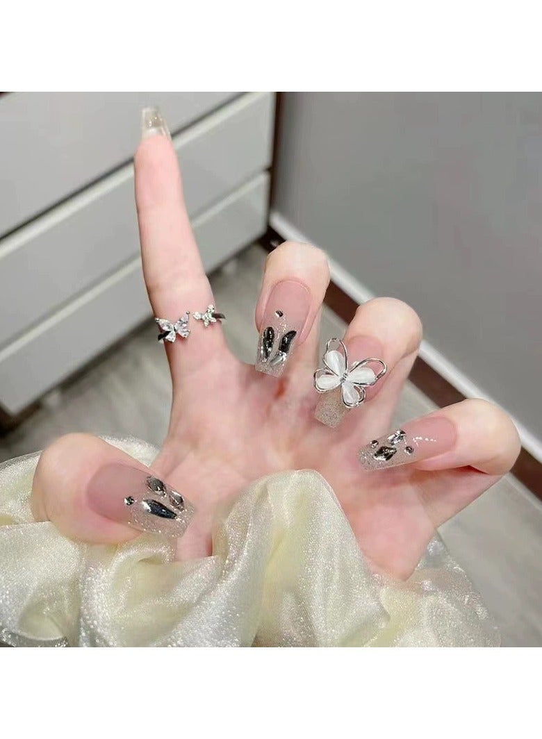 Goolsky Luxury Long Press On Nails Sparkling Silver Rhinestone Cat Eye Big Butterfly Nail Tips  - Image 2